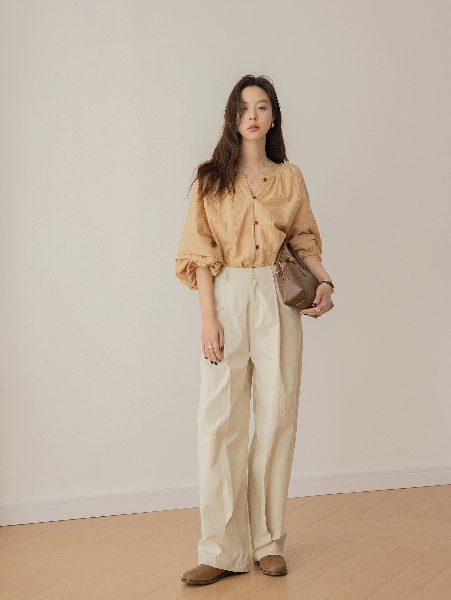 VNOOK lantern sleeve shirt 2024 spring new style loose jacquard placket round neck outer wear high-end shirt top