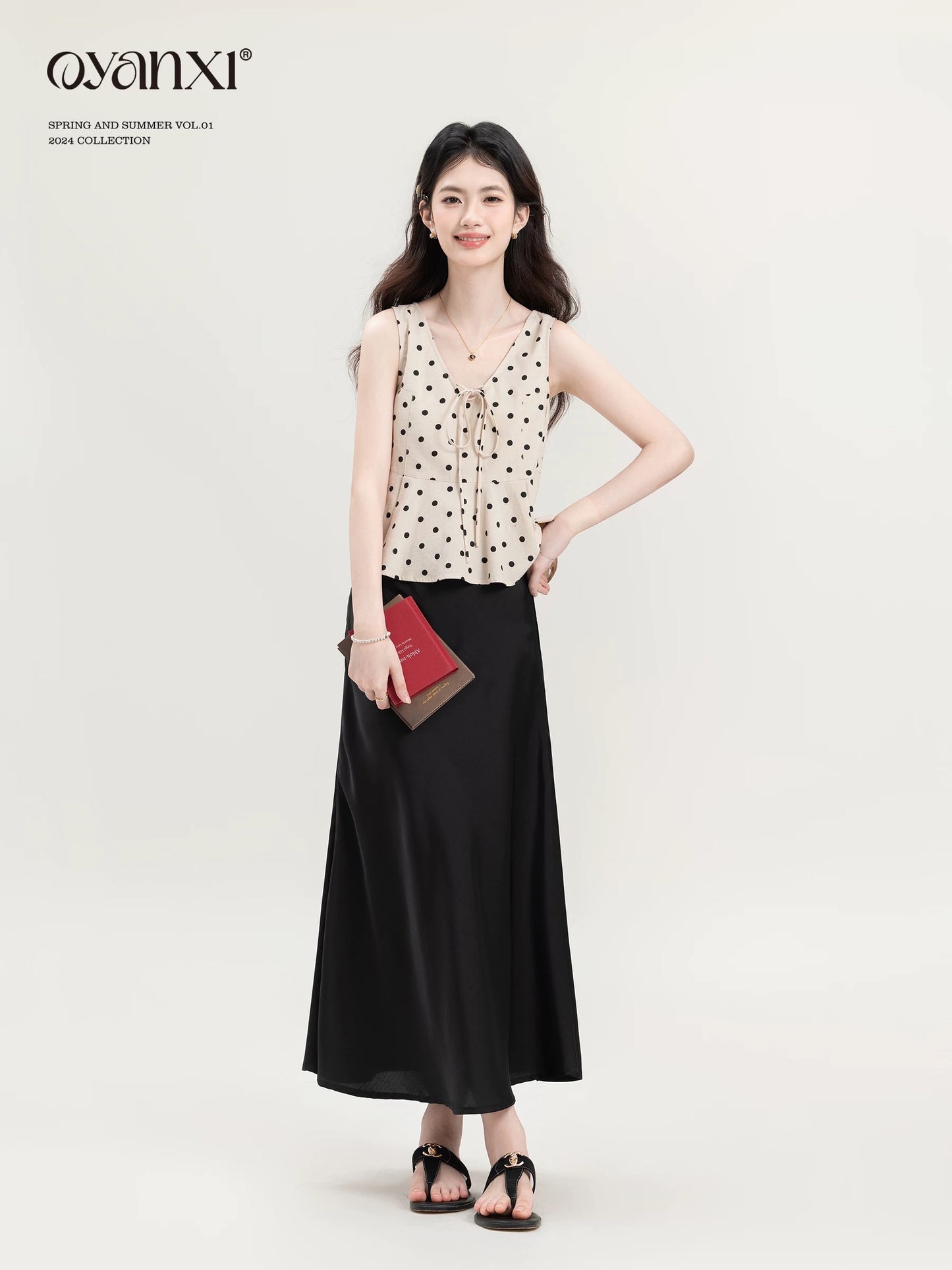 Ouyang Xi's "Elegant Art" niche polka dot temperament sleeveless top for women summer slim vest suspender suit