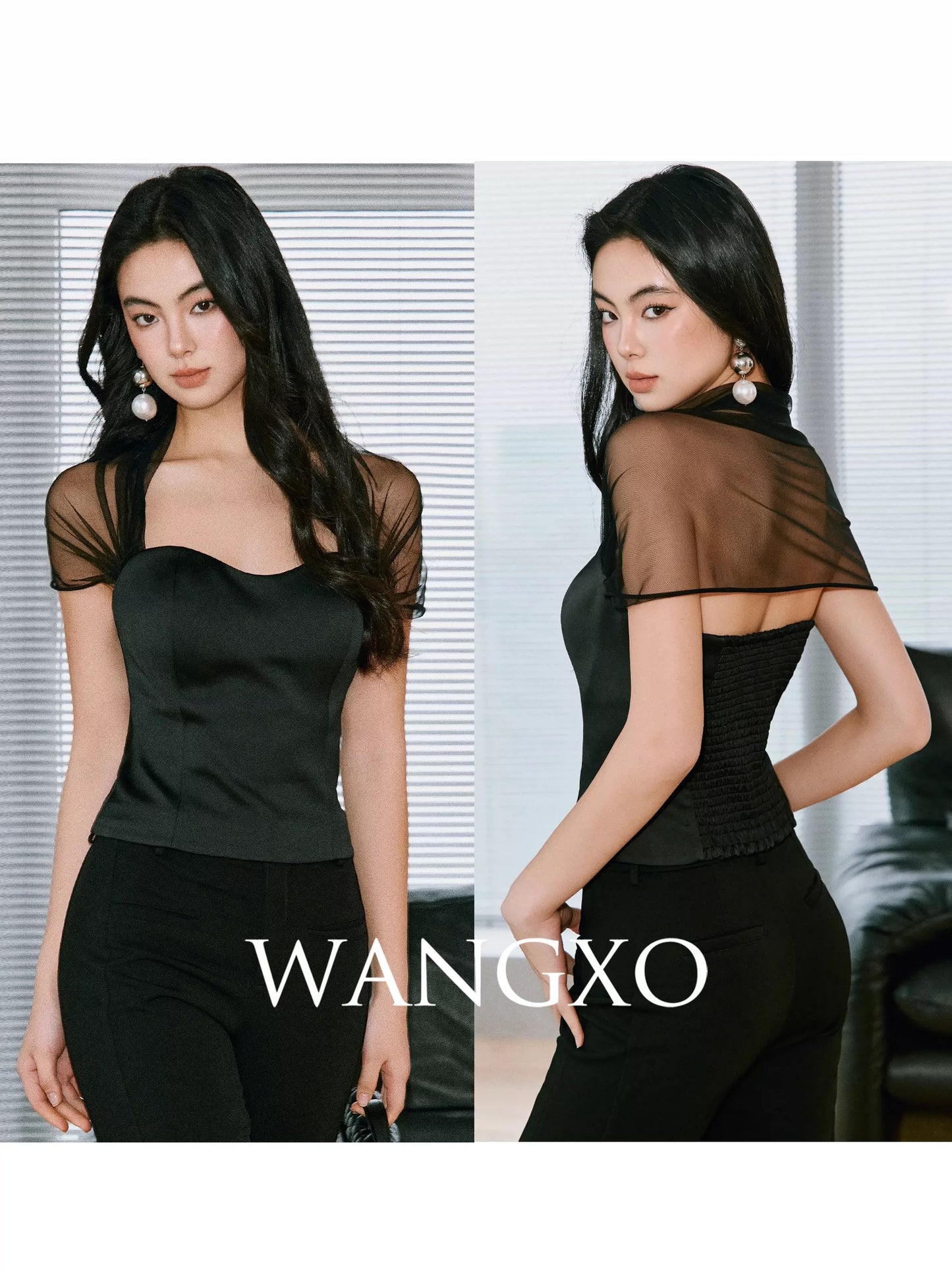 WANGXO | Black Gauze Shadow Luxury | Elegant Waist-Slimming Top with Subtle Cool Cloud-like Mesh and Satin Panels