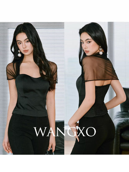 WANGXO | Black Gauze Shadow Luxury | Elegant Waist-Slimming Top with Subtle Cool Cloud-like Mesh and Satin Panels