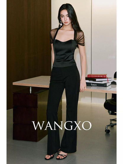 WANGXO | Black Gauze Shadow Luxury | Elegant Waist-Slimming Top with Subtle Cool Cloud-like Mesh and Satin Panels