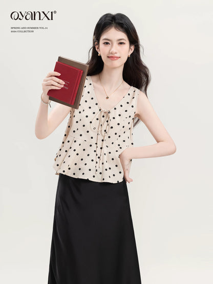 Ouyang Xi's "Elegant Art" niche polka dot temperament sleeveless top for women summer slim vest suspender suit