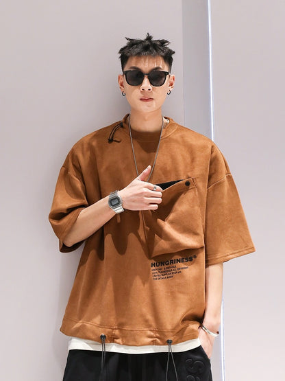 Suede design large pocket drawstring trendy T-shirt summer boys new loose casual solid color large size short sleeve
