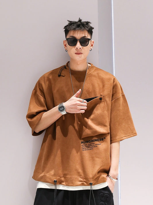 Suede design large pocket drawstring trendy T-shirt summer boys new loose casual solid color large size short sleeve