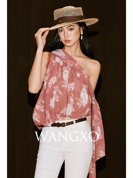 WANGXO | Custom Printed Georgette | Irregular Off-Shoulder Hem Ruffled Luxury Tie-Waist Shirt Top
