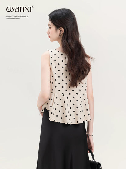 Ouyang Xi's "Elegant Art" niche polka dot temperament sleeveless top for women summer slim vest suspender suit