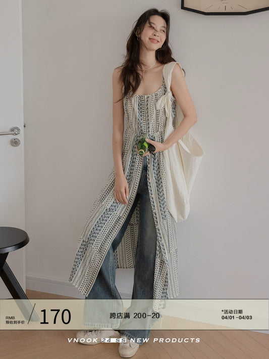 VNOOK floral splicing new suspender dress for women summer 2024 drapey high-waist temperament slim open-front long skirt
