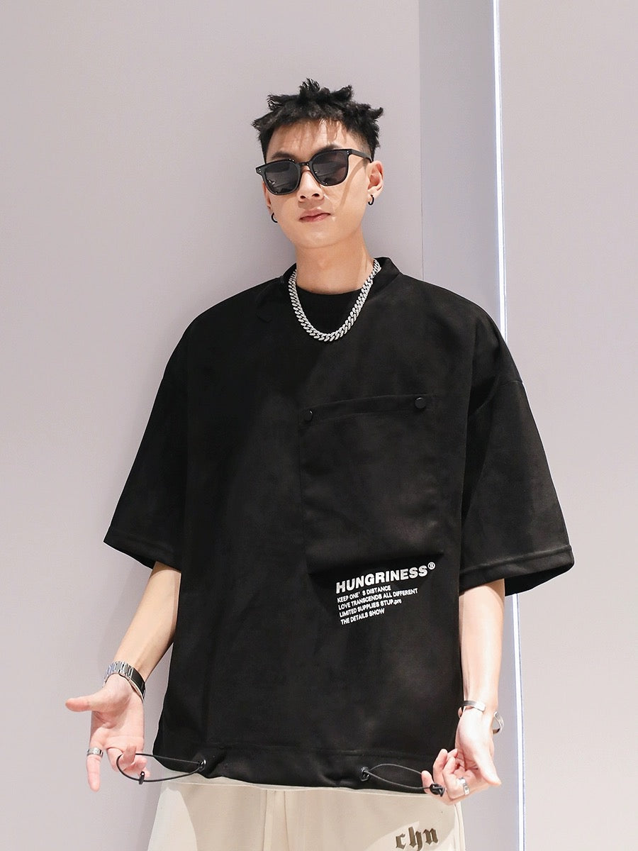 Suede design large pocket drawstring trendy T-shirt summer boys new loose casual solid color large size short sleeve