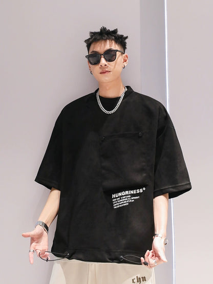 Suede design large pocket drawstring trendy T-shirt summer boys new loose casual solid color large size short sleeve