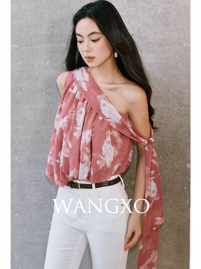 WANGXO | Custom Printed Georgette | Irregular Off-Shoulder Hem Ruffled Luxury Tie-Waist Shirt Top