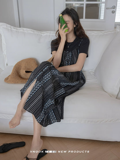 VNOOK floral splicing new suspender dress for women summer 2024 drapey high-waist temperament slim open-front long skirt
