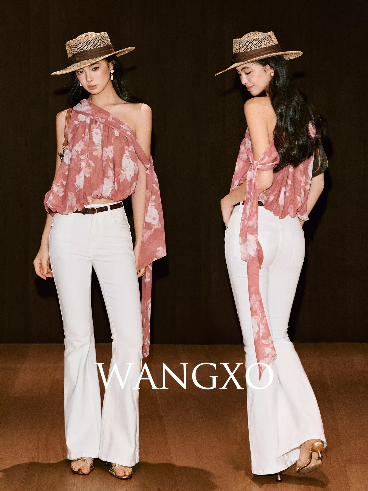 WANGXO | Custom Printed Georgette | Irregular Off-Shoulder Hem Ruffled Luxury Tie-Waist Shirt Top
