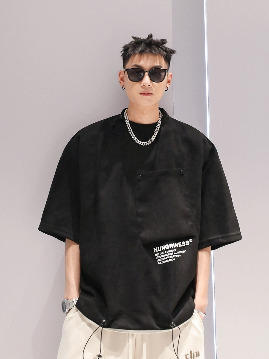 Suede design large pocket drawstring trendy T-shirt summer boys new loose casual solid color large size short sleeve