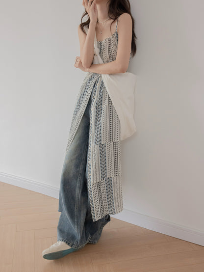 VNOOK floral splicing new suspender dress for women summer 2024 drapey high-waist temperament slim open-front long skirt