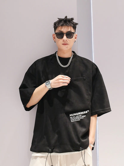 Suede design large pocket drawstring trendy T-shirt summer boys new loose casual solid color large size short sleeve