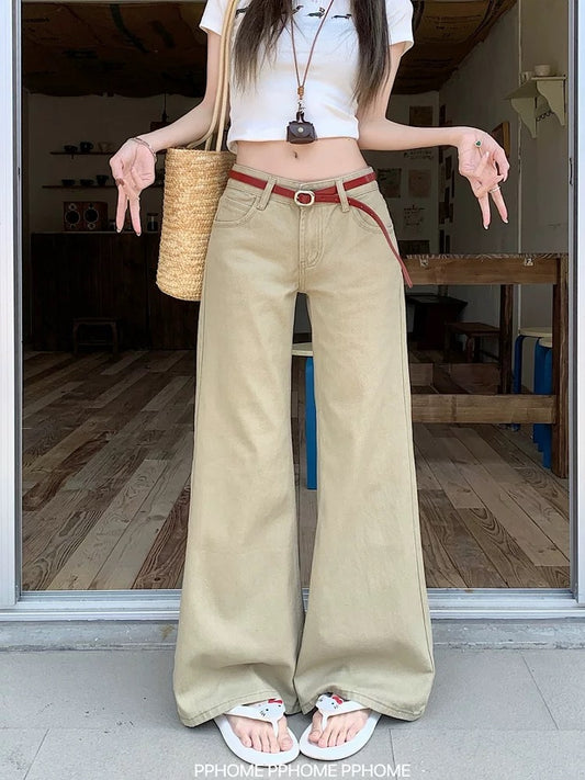 PPHOME homemade ~ hot girl tone khaki non-stick leg flared jeans female retro low waist slim trousers