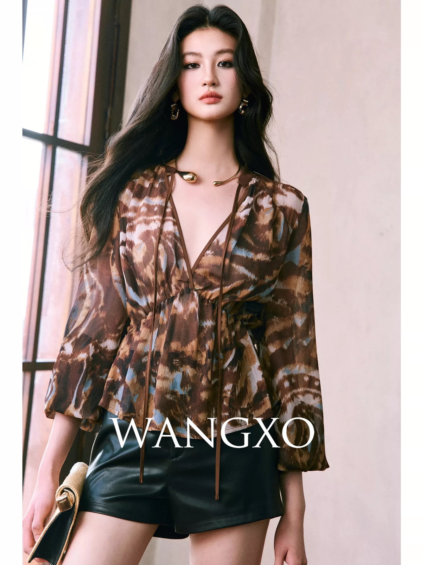 WANGXO | Georgette Brown Leopard Print | Retro V-Neck Maillard Art Tie-Dye Old Money Style Shirt