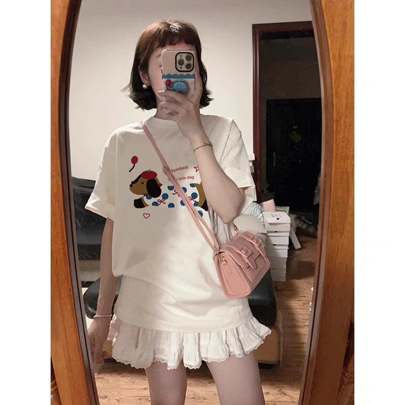White cotton short-sleeved t-shirt for women 2024 new popular design niche American style right shoulder loose half-sleeved top
