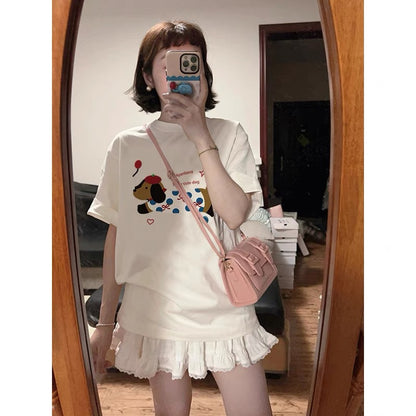 White cotton short-sleeved t-shirt for women 2024 new popular design niche American style right shoulder loose half-sleeved top