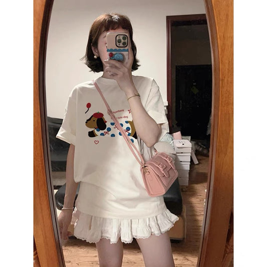 White cotton short-sleeved t-shirt for women 2024 new popular design niche American style right shoulder loose half-sleeved top