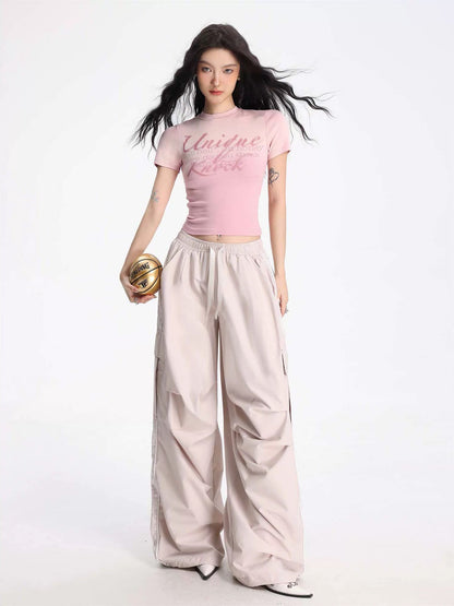 SHIYIYUE pink personalized printed small turtleneck short top women's slimming American sweet and spicy short-sleeved T-shirt