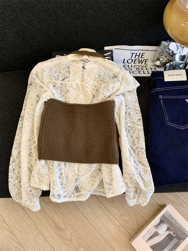 Jade Closet direct store recommendation ~ Medela sweet style knitted vest hollow lace shirt two-piece set