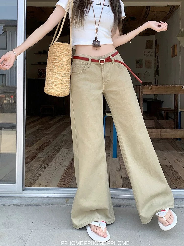 PPHOME homemade ~ hot girl tone khaki non-stick leg flared jeans female retro low waist slim trousers
