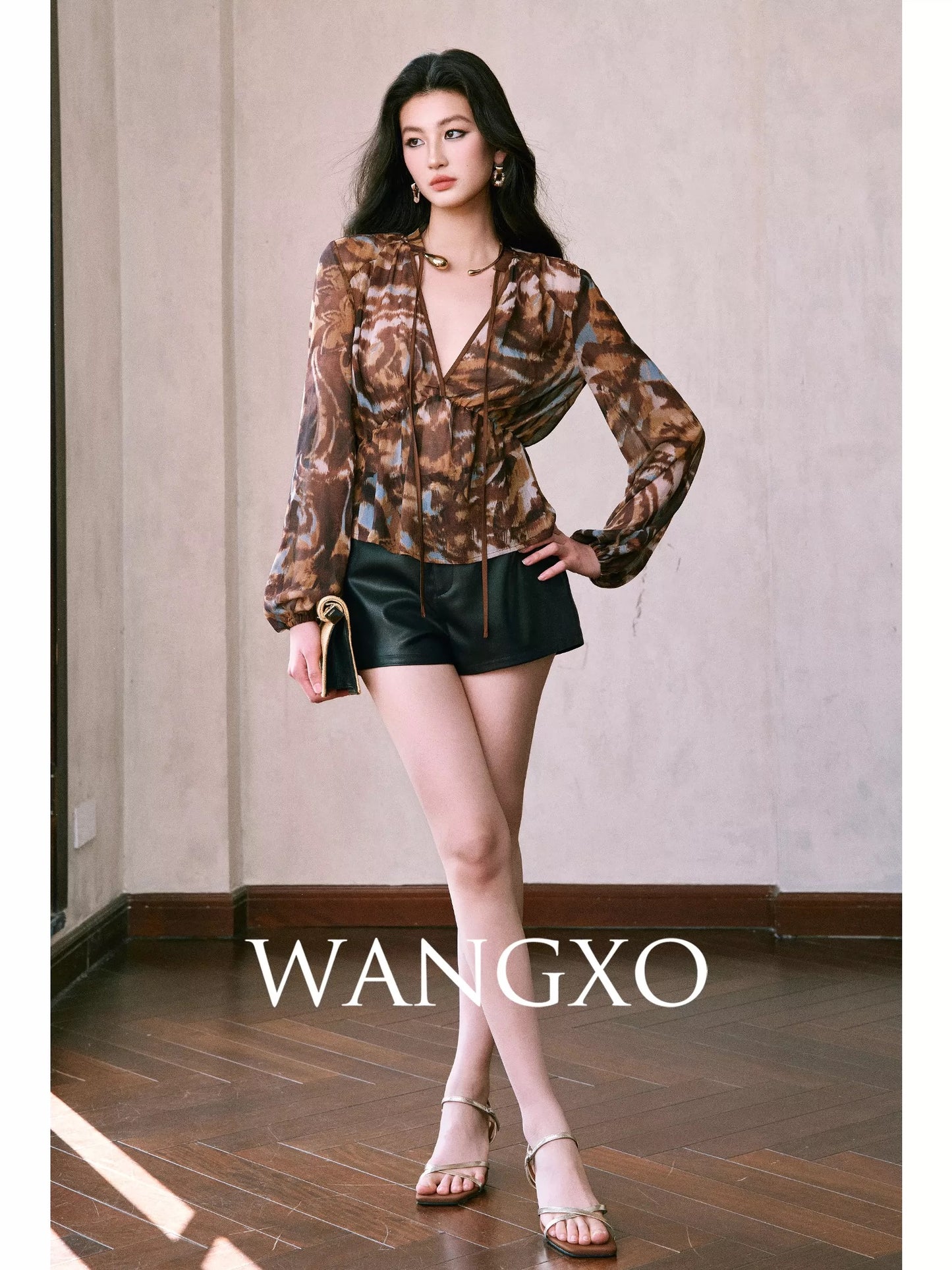 WANGXO | Georgette Brown Leopard Print | Retro V-Neck Maillard Art Tie-Dye Old Money Style Shirt
