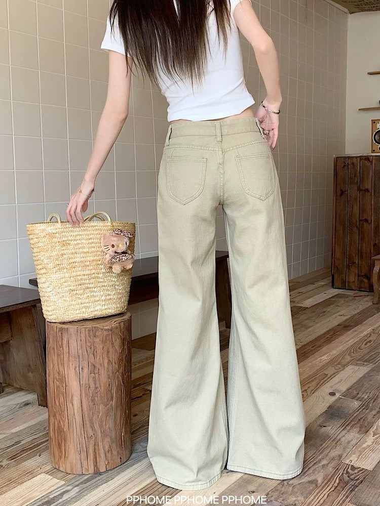 PPHOME homemade ~ hot girl tone khaki non-stick leg flared jeans female retro low waist slim trousers