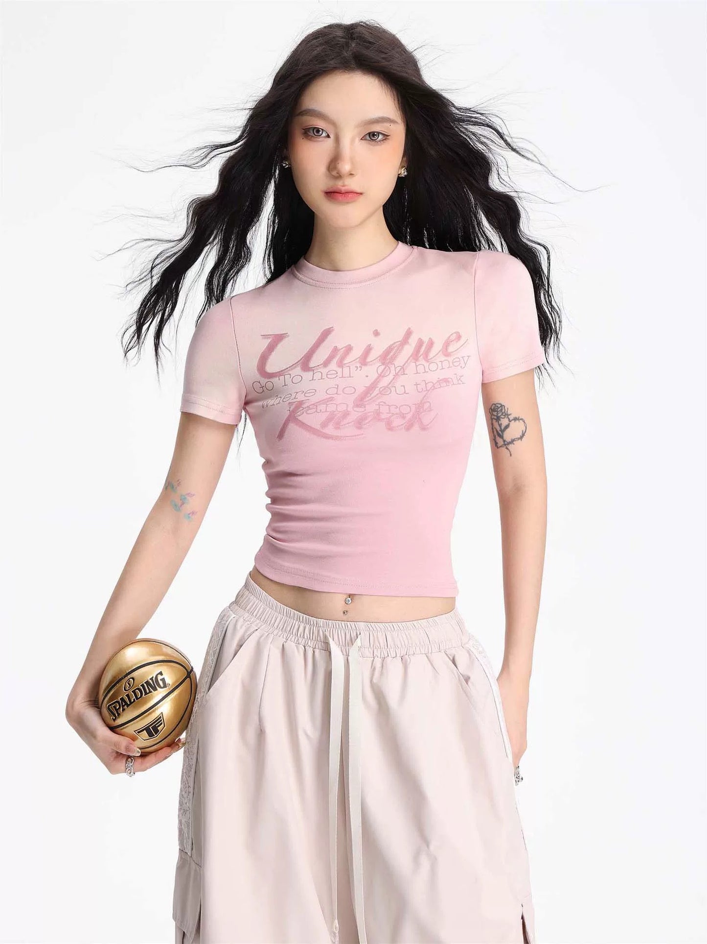 SHIYIYUE pink personalized printed small turtleneck short top women's slimming American sweet and spicy short-sleeved T-shirt