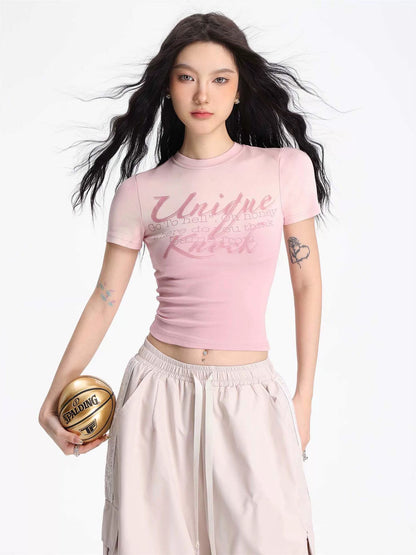 SHIYIYUE pink personalized printed small turtleneck short top women's slimming American sweet and spicy short-sleeved T-shirt
