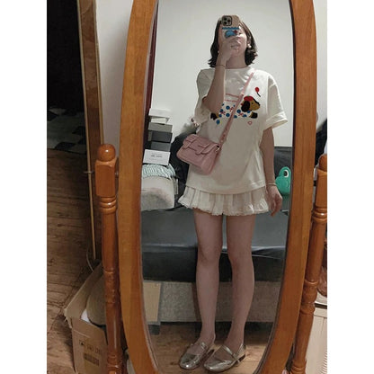 White cotton short-sleeved t-shirt for women 2024 new popular design niche American style right shoulder loose half-sleeved top