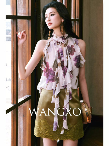 WANGXO | Printed Georgette | Retro French Court Style Ruffled Ribbon Stand Collar Sleeveless Top
