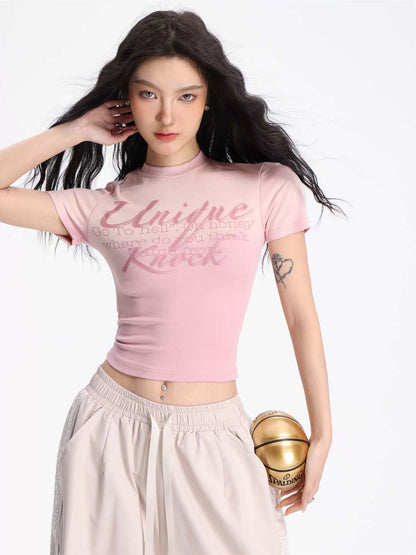SHIYIYUE pink personalized printed small turtleneck short top women's slimming American sweet and spicy short-sleeved T-shirt