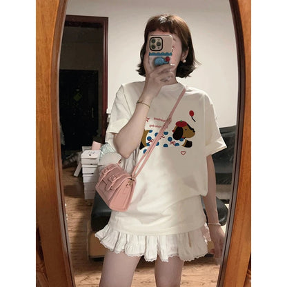 White cotton short-sleeved t-shirt for women 2024 new popular design niche American style right shoulder loose half-sleeved top