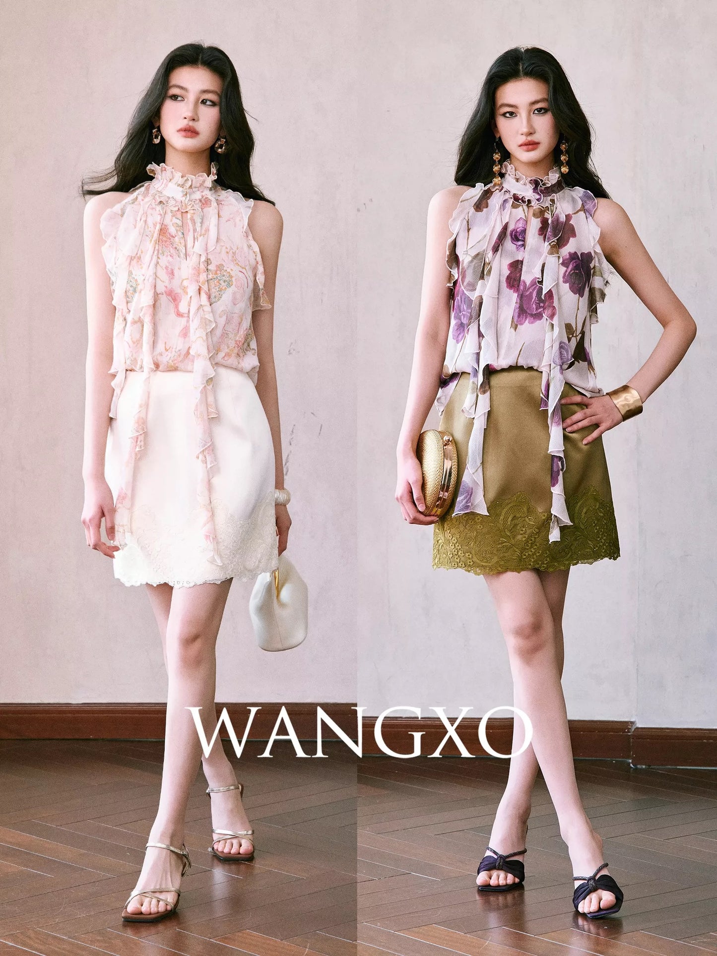 WANGXO | Printed Georgette | Retro French Court Style Ruffled Ribbon Stand Collar Sleeveless Top
