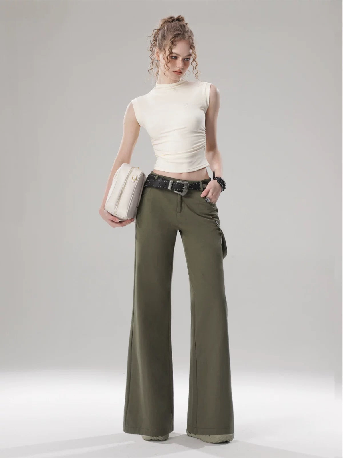 SHIYIYUE self-made military green high-waist slim boot-cut pants for women in spring and summer design niche straight casual pants