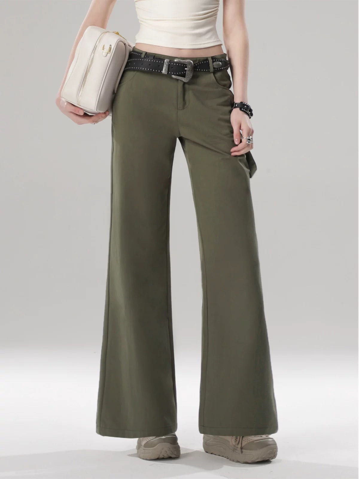 SHIYIYUE self-made military green high-waist slim boot-cut pants for women in spring and summer design niche straight casual pants