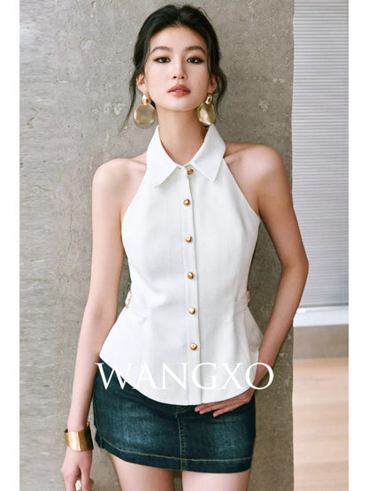 WANGXO | Linen-like, slightly shimmering multi-fiber blend | French-style collared, halter neck, fitted waist vest top