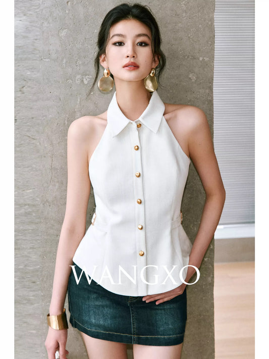 WANGXO | Linen-like, slightly shimmering multi-fiber blend | French-style collared, halter neck, fitted waist vest top