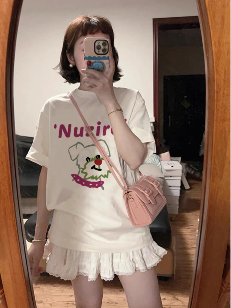 Fun printed white cotton short-sleeved T-shirt for women summer 2024 new round neck loose versatile half-sleeved top ins