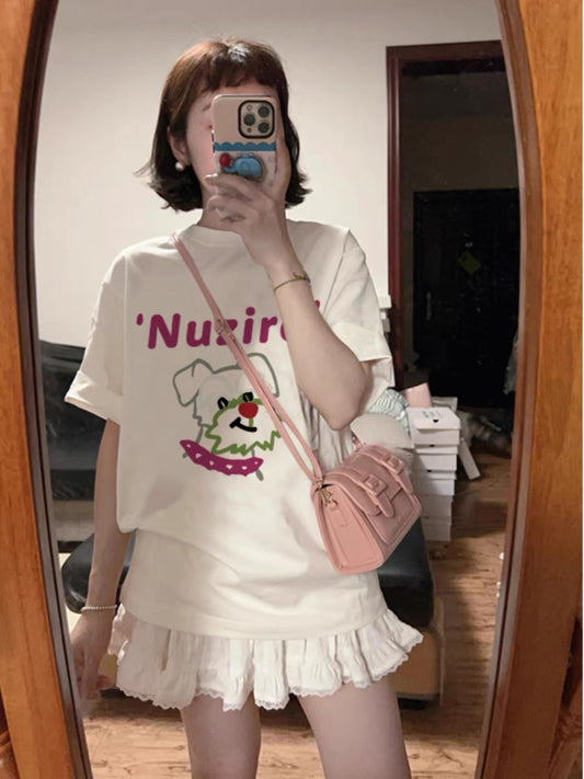 Fun printed white cotton short-sleeved T-shirt for women summer 2024 new round neck loose versatile half-sleeved top ins