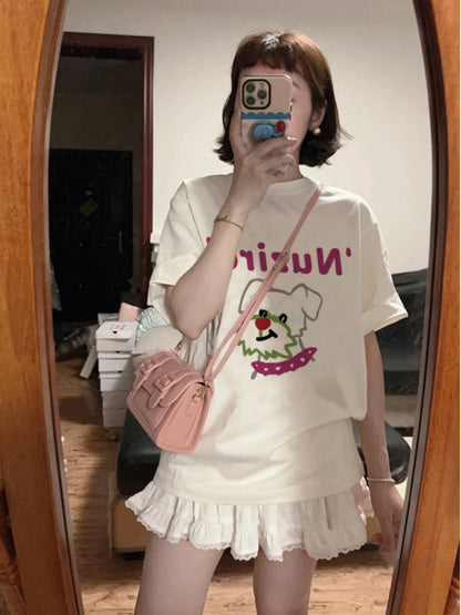 Fun printed white cotton short-sleeved T-shirt for women summer 2024 new round neck loose versatile half-sleeved top ins