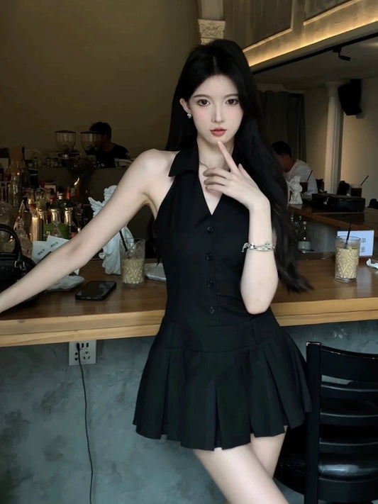 STRIVE/Yumiko Fat mm French Hot Girl Waist Halter A-Line Skirt Female Summer Pure Desire Design Pleated Short Skirt