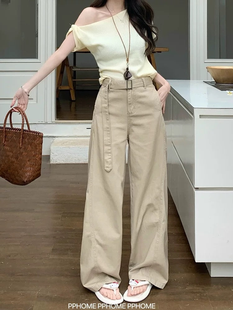 PPHOME homemade ~ loose khaki pants belt wide-leg scimitar jeans women's high waist slim drape trousers summer