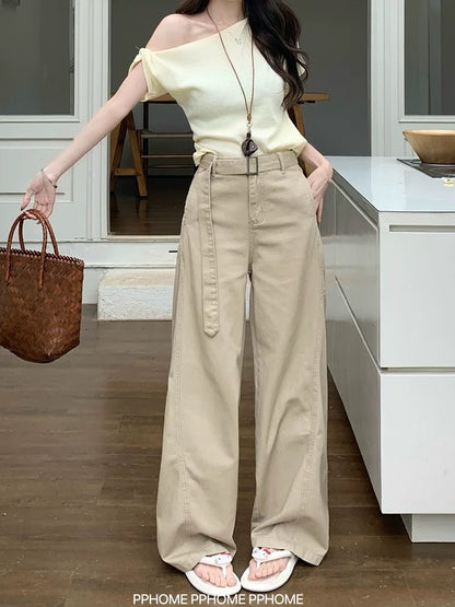 PPHOME homemade ~ loose khaki pants belt wide-leg scimitar jeans women's high waist slim drape trousers summer