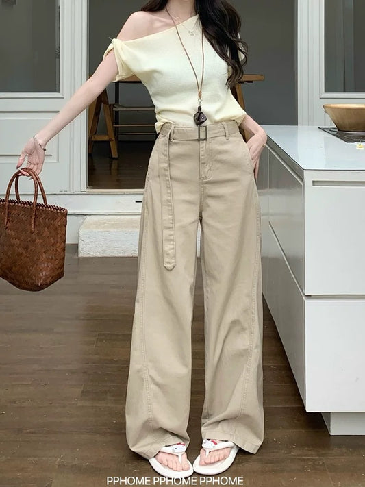 PPHOME homemade ~ loose khaki pants belt wide-leg scimitar jeans women's high waist slim drape trousers summer