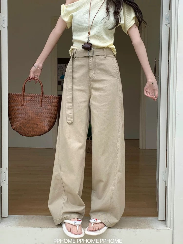 PPHOME homemade ~ loose khaki pants belt wide-leg scimitar jeans women's high waist slim drape trousers summer