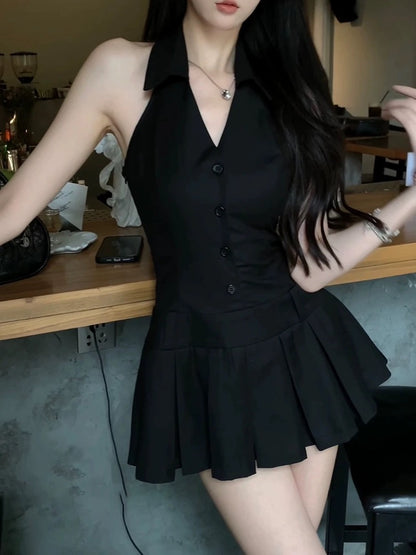 STRIVE/Yumiko Fat mm French Hot Girl Waist Halter A-Line Skirt Female Summer Pure Desire Design Pleated Short Skirt