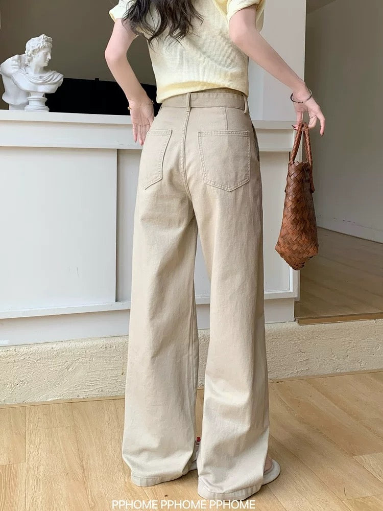 PPHOME homemade ~ loose khaki pants belt wide-leg scimitar jeans women's high waist slim drape trousers summer